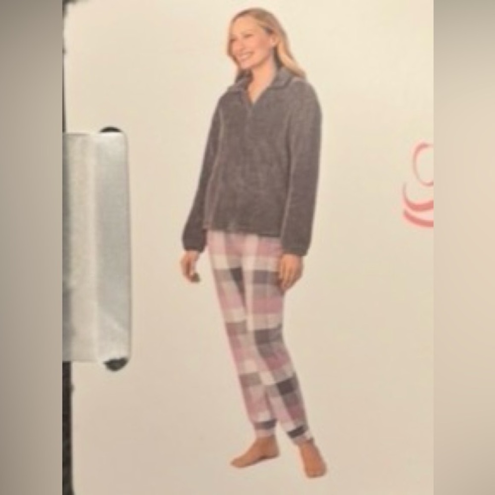 Cuddl Duds Gray Plush Pullover and Plaid Pants Set